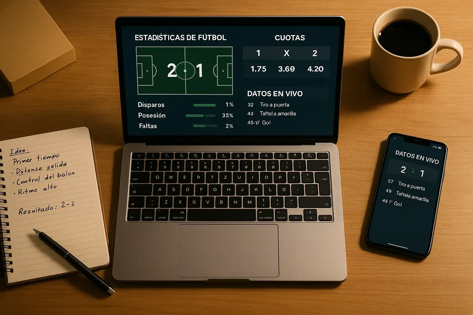 Espacio de trabajo de análisis de apuestas deportivas con laptop mostrando estadísticas y cuotas