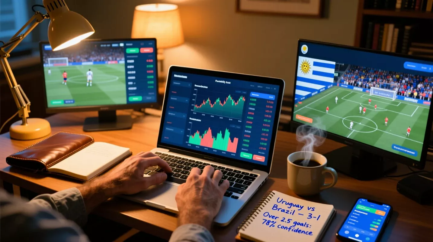 Workspace profesional de apostador analizando estadísticas de fútbol uruguayo