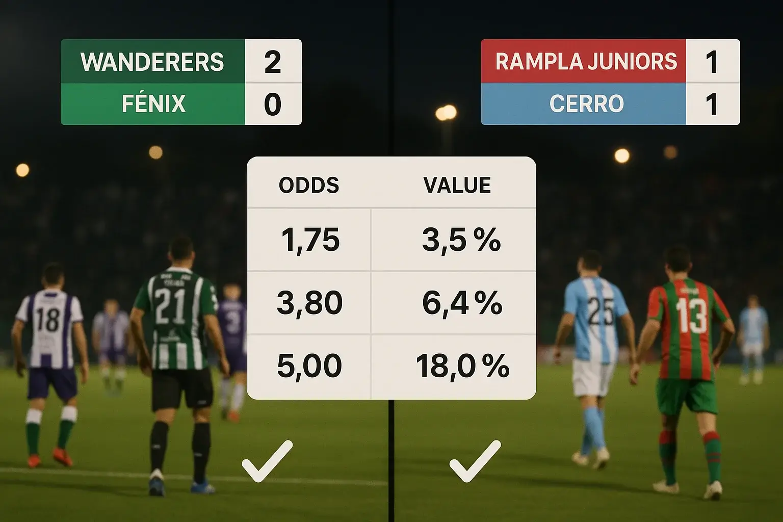Pantalla dividida mostrando dos partidos de fútbol uruguayo: Wanderers vs Fénix 2-0 y Rampla vs Cerro 1-1 con panel central de análisis de cuotas y valor