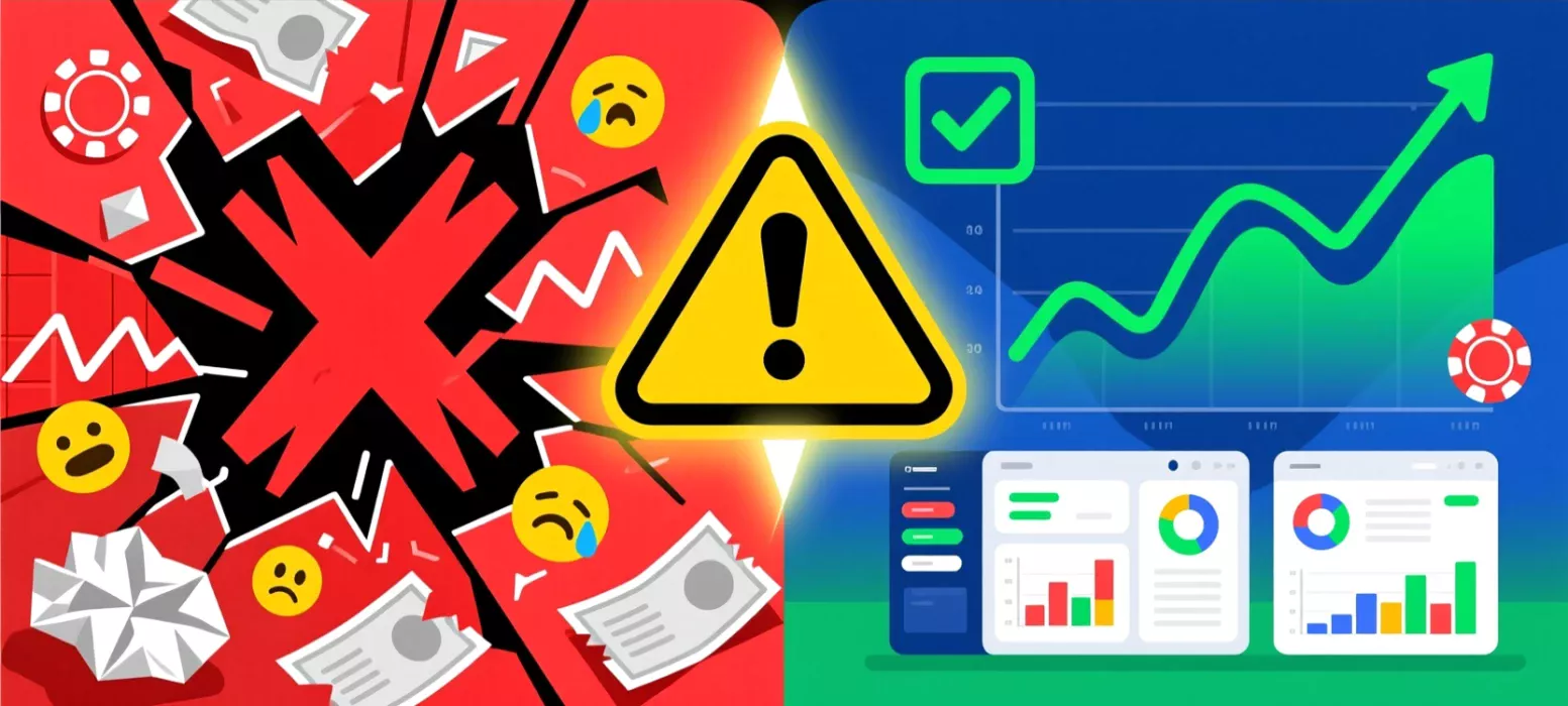 Contraste visual entre errores de apuestas (caos, negativos) y buenas prácticas (orden, positivos)