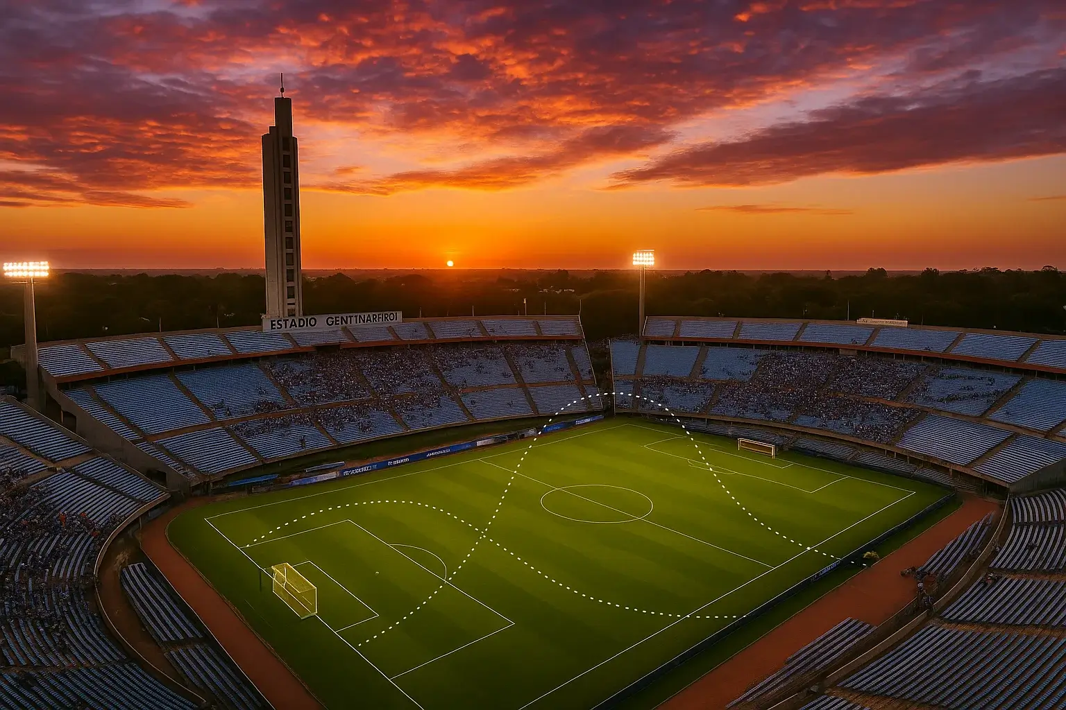Vista aérea del Estadio Centenario de Montevideo al atardecer con su icónica torre y visualización de datos sobre ineficiencias del mercado de apuestas