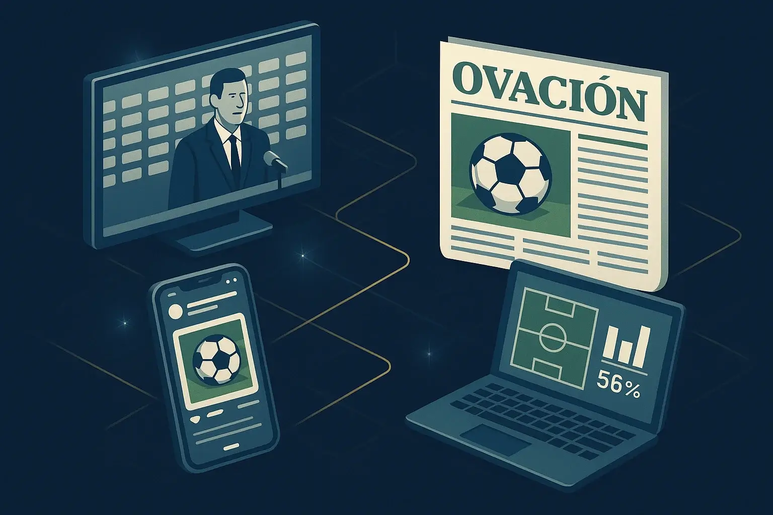 Collage isométrico de fuentes de información para análisis de apuestas: conferencia de prensa, redes sociales en smartphone, periódico Ovación y laptop con estadísticas