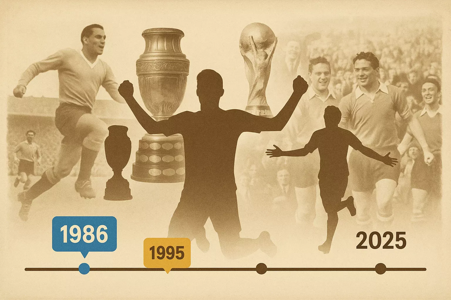 Línea de tiempo histórica de resultados de Uruguay desde 1986 hasta 2026 con hitos importantes