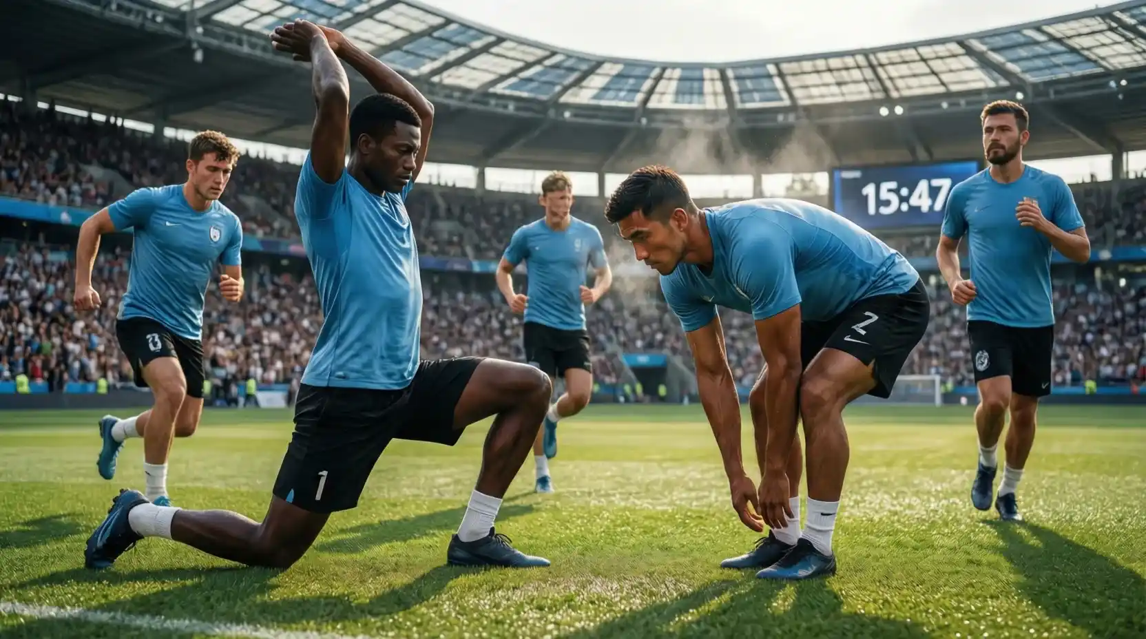 Jugadores uruguayos calentando antes de un partido amistoso internacional