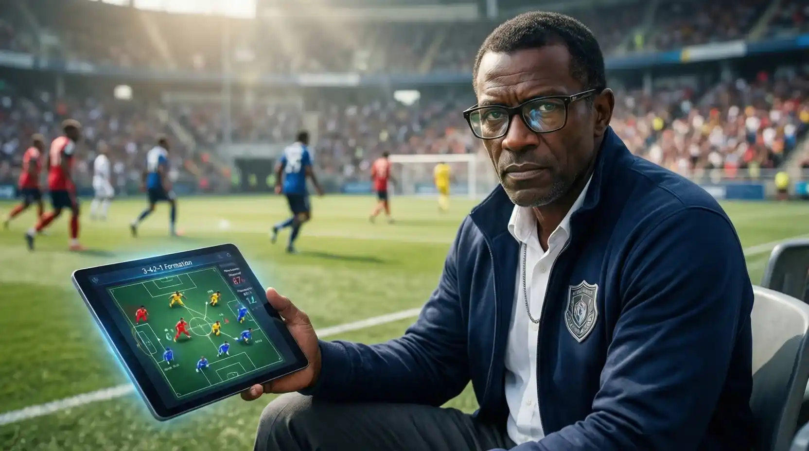 Entrenador analizando tácticas con una tablet en el banquillo durante un partido