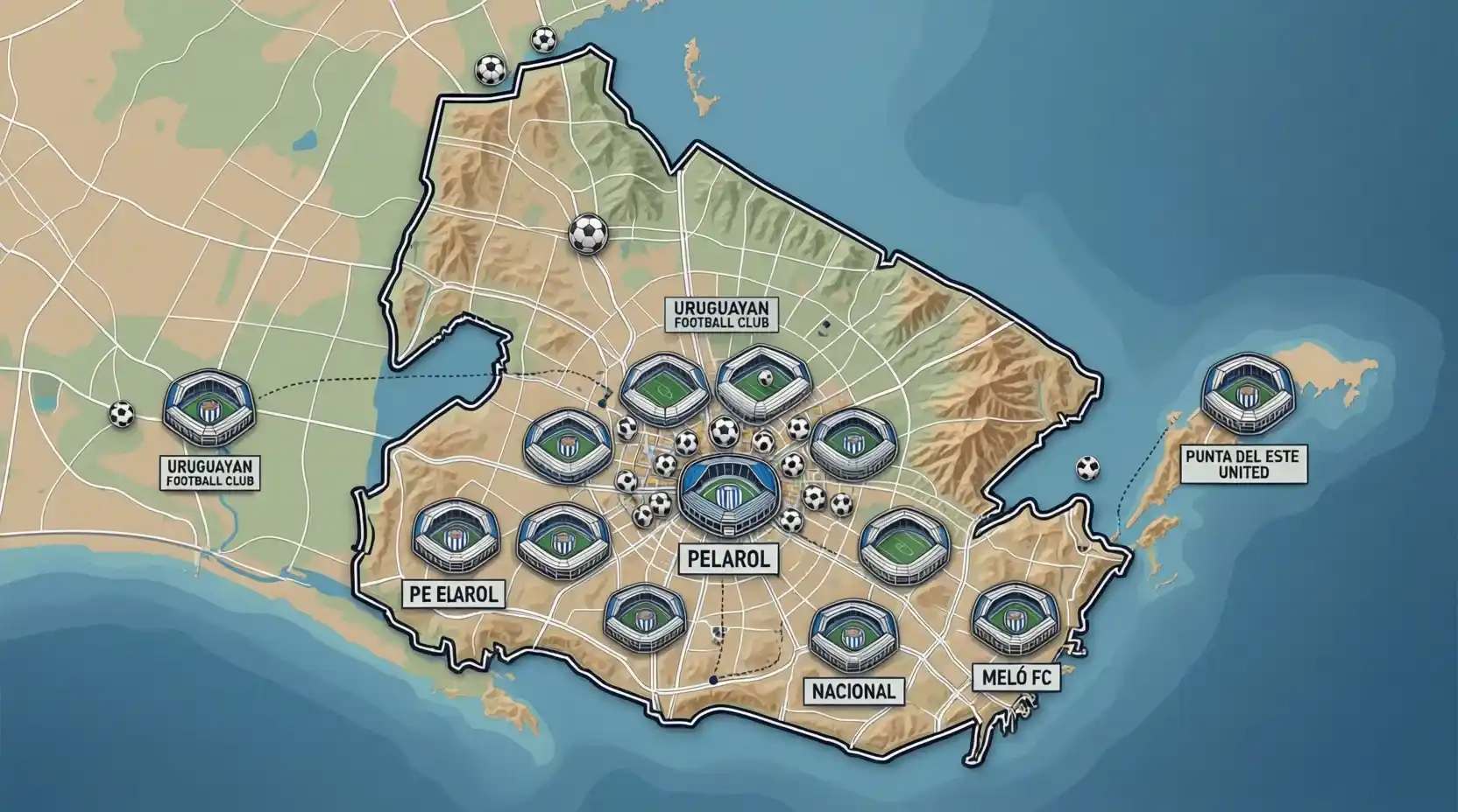 Mapa de Uruguay con ubicación de los principales estadios de fútbol