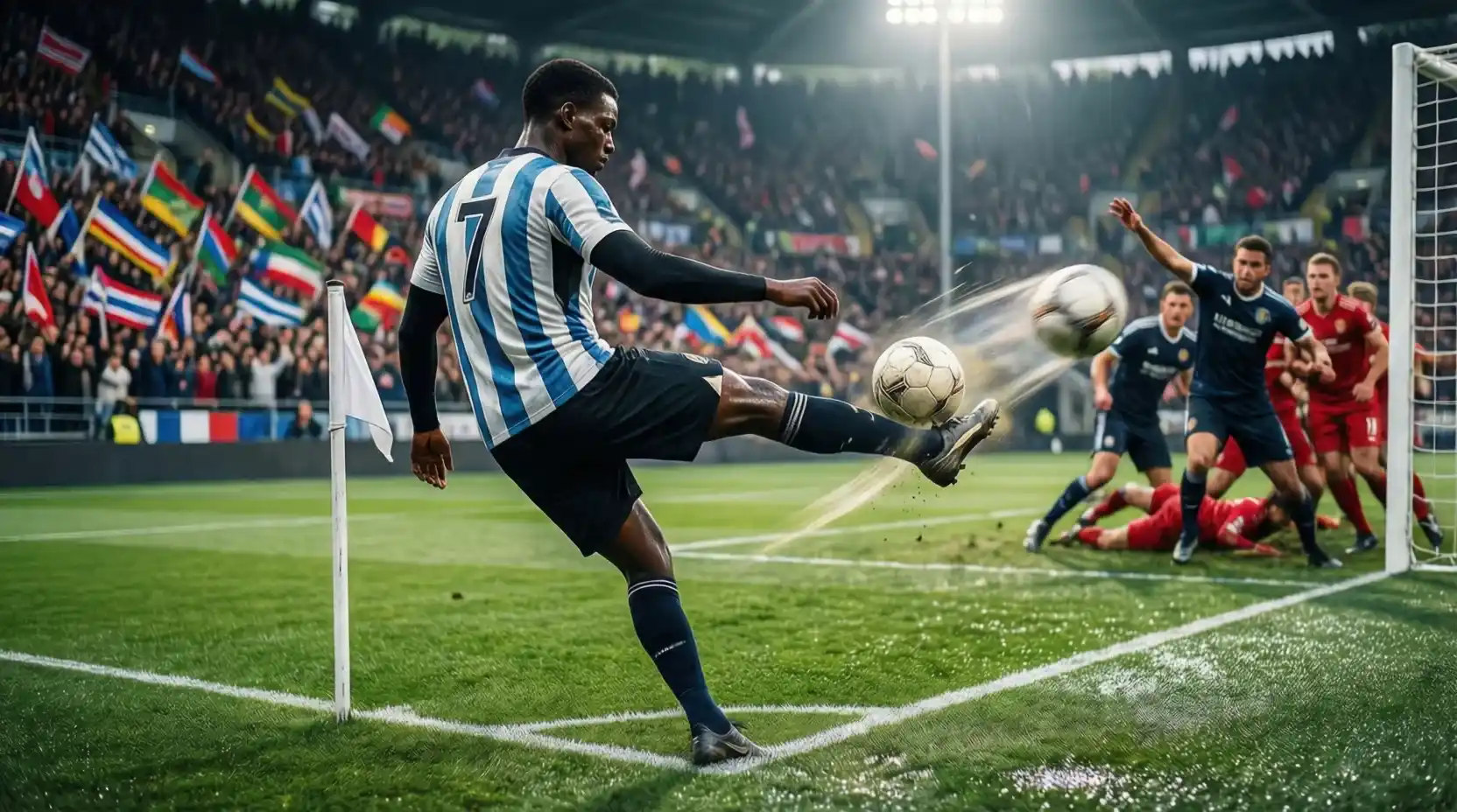 Jugador ejecutando un tiro de esquina en un partido del fútbol uruguayo