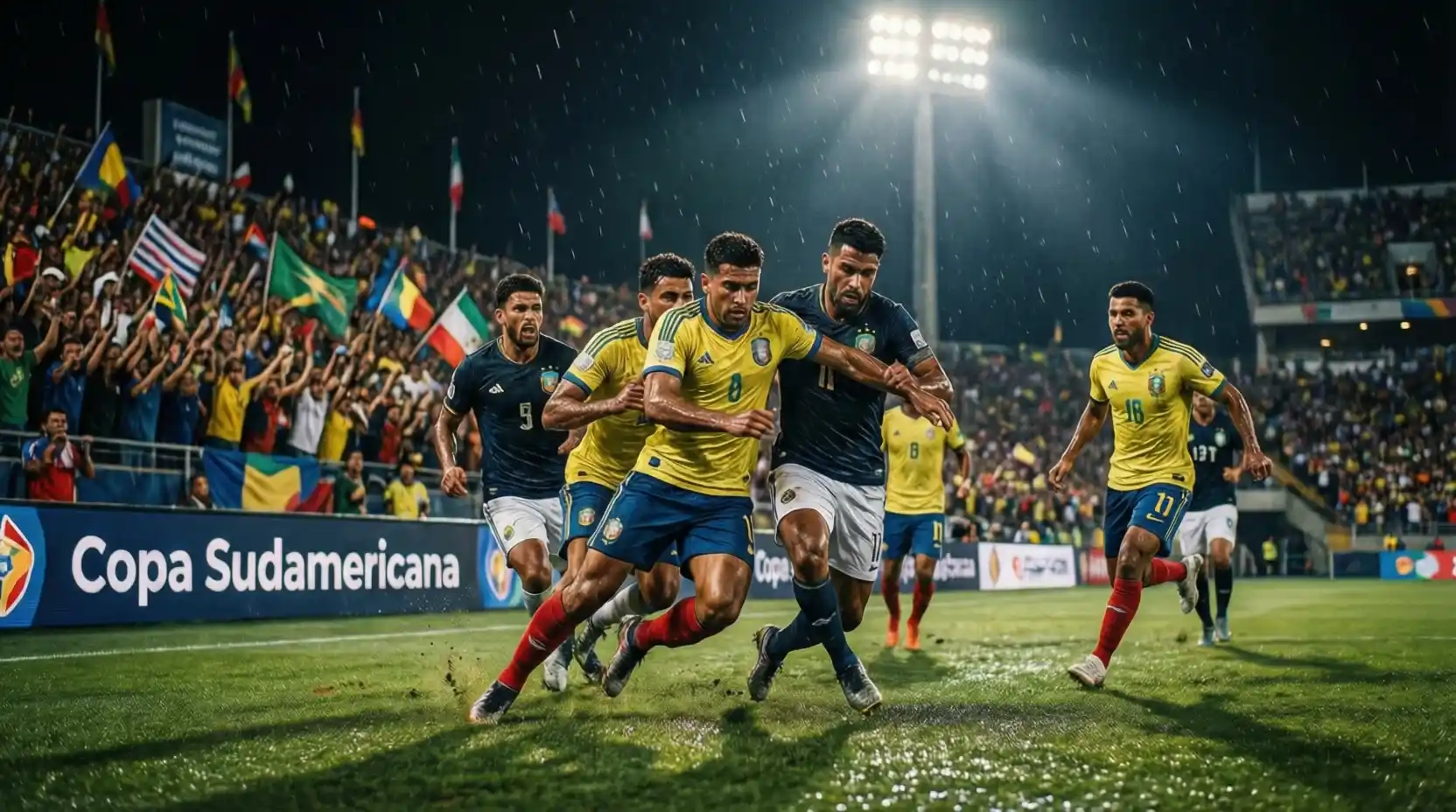 Jugadores uruguayos disputando un partido de Copa Sudamericana