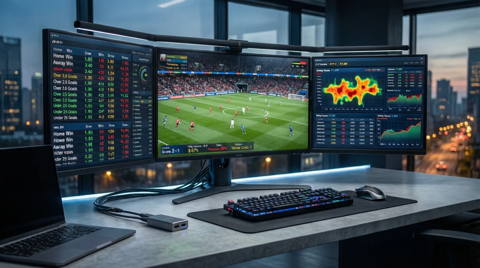 Múltiples pantallas mostrando partidos en vivo y cuotas de apuestas