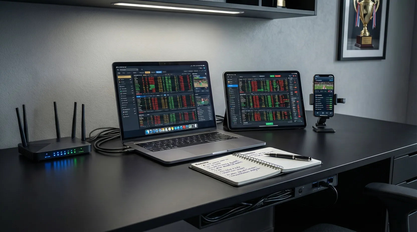 Configuración profesional para seguimiento de apuestas en vivo con múltiples dispositivos