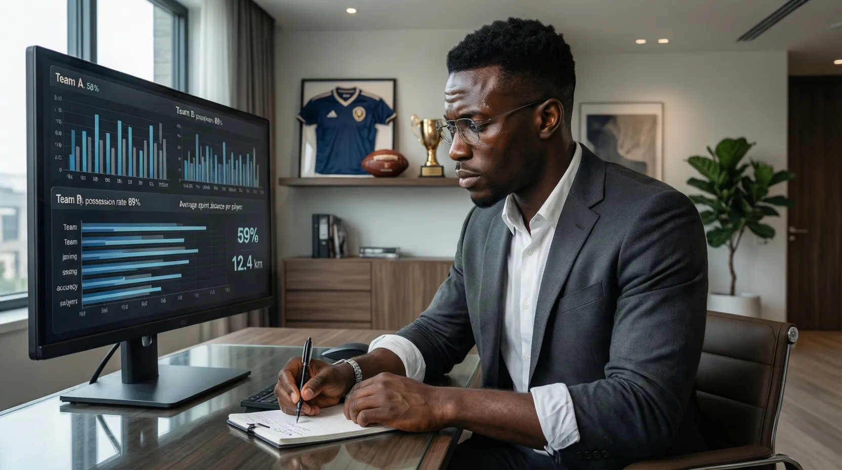 Analista deportivo estudiando estadísticas de partidos de fútbol en una pantalla