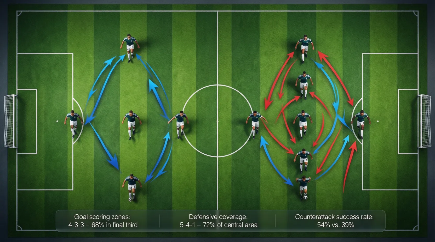 Diagrama táctico de fútbol mostrando formaciones ofensivas y defensivas