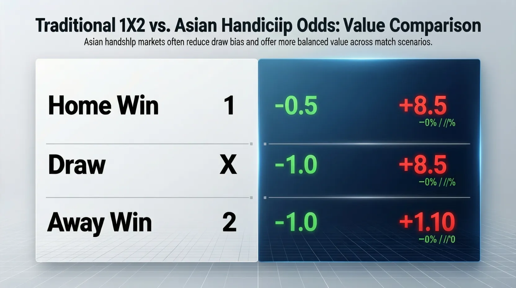 Comparación visual de cuotas entre mercado 1X2 y hándicap asiático