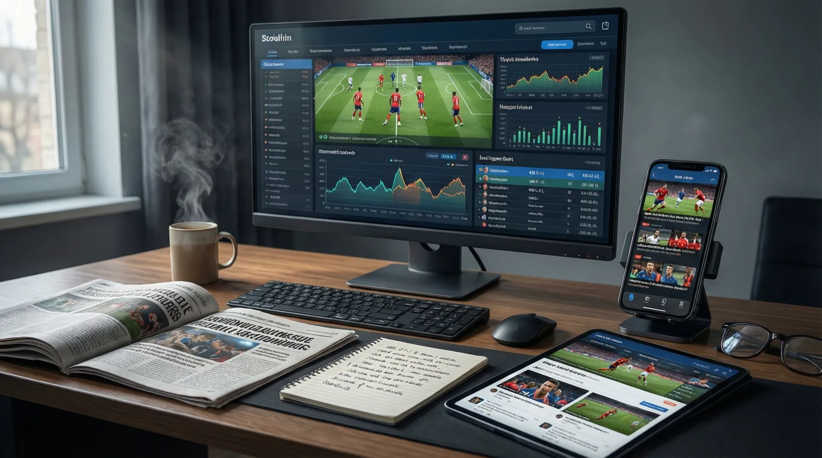 Escritorio con múltiples fuentes de información de fútbol abiertas