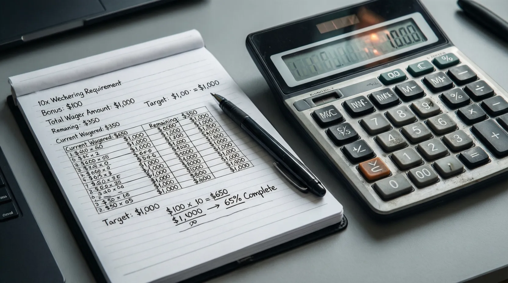 Calculadora mostrando requisitos de rollover para bonos de apuestas