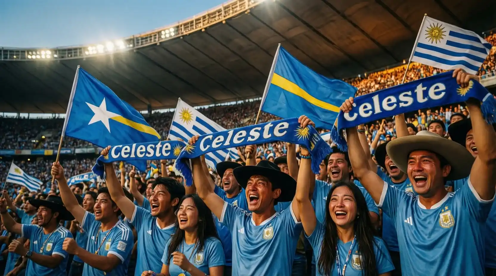Aficionados uruguayos con banderas celestes animando en las gradas del Centenario