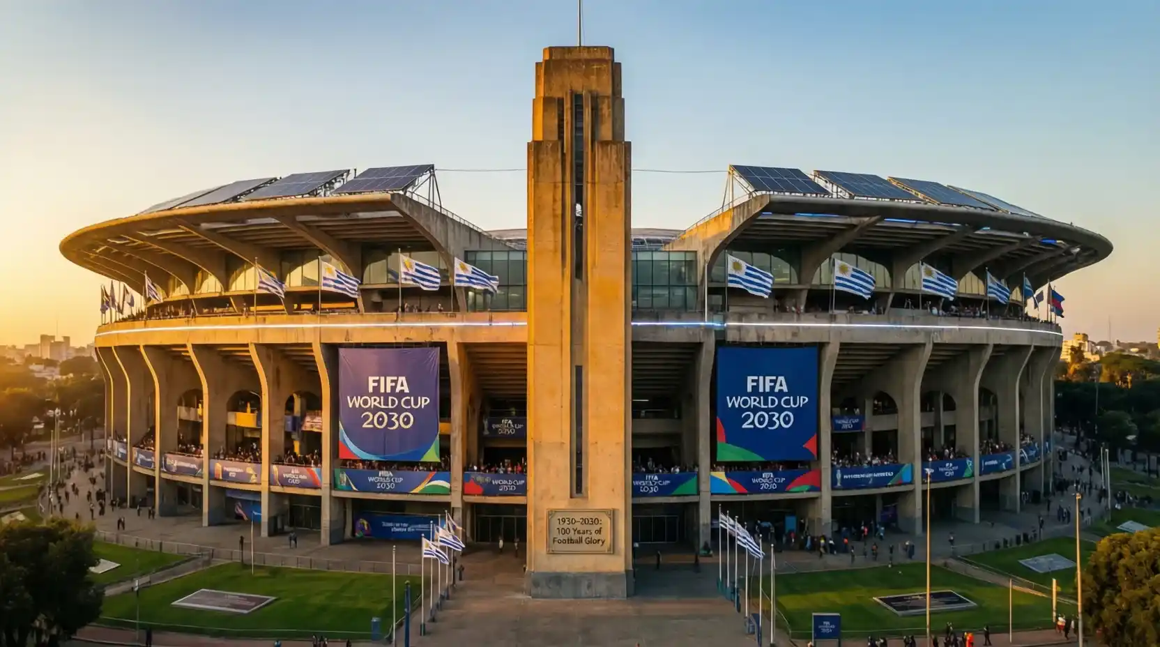 Renderización del Estadio Centenario renovado para el Mundial 2030 con banderas de Uruguay