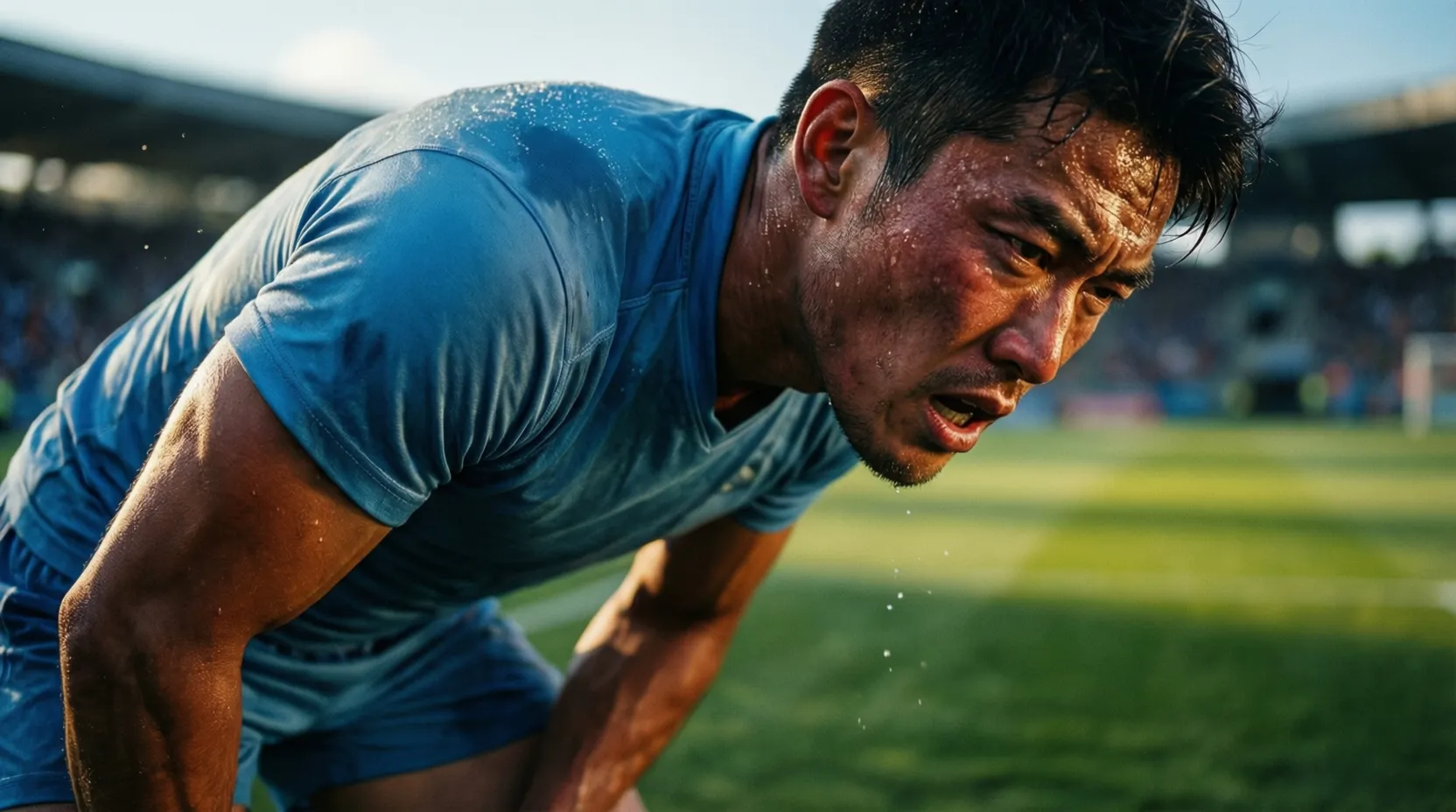 Jugador de fútbol agotado respirando con dificultad en un estadio de altura