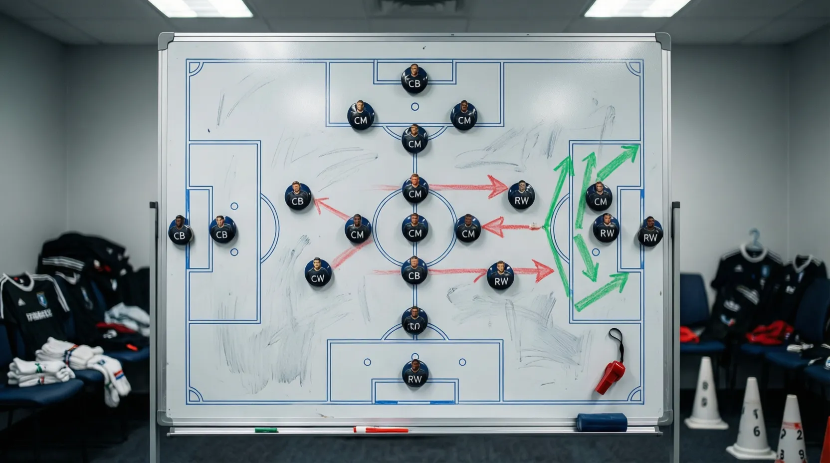 Pizarra táctica de fútbol con formaciones y flechas indicando movimientos