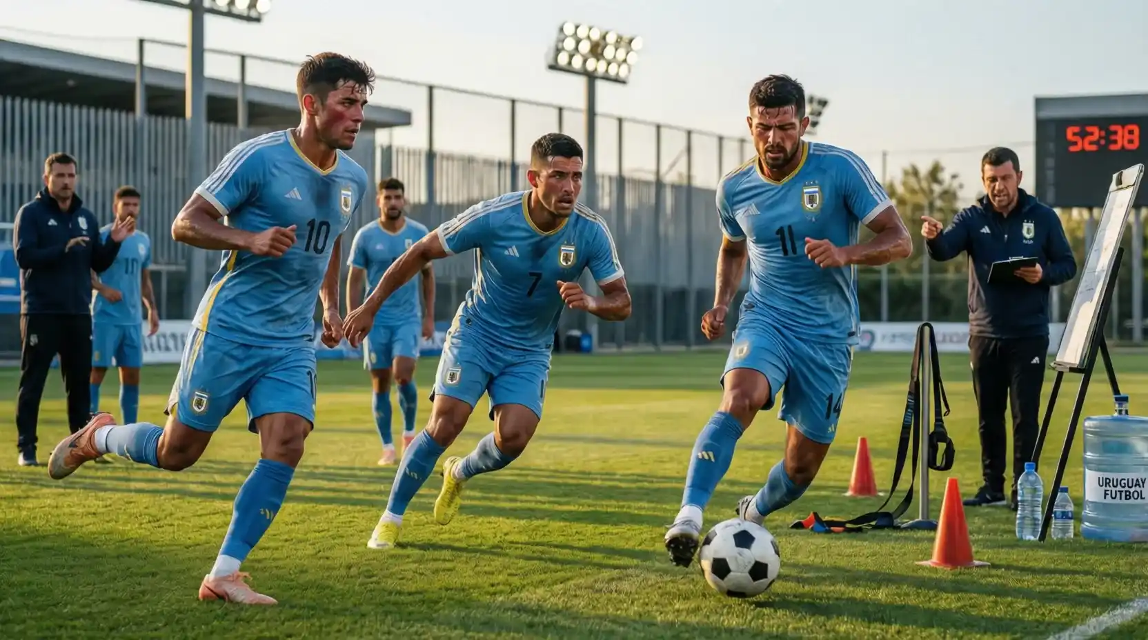 Jugadores uruguayos entrenando con intensidad bajo la dirección de su cuerpo técnico