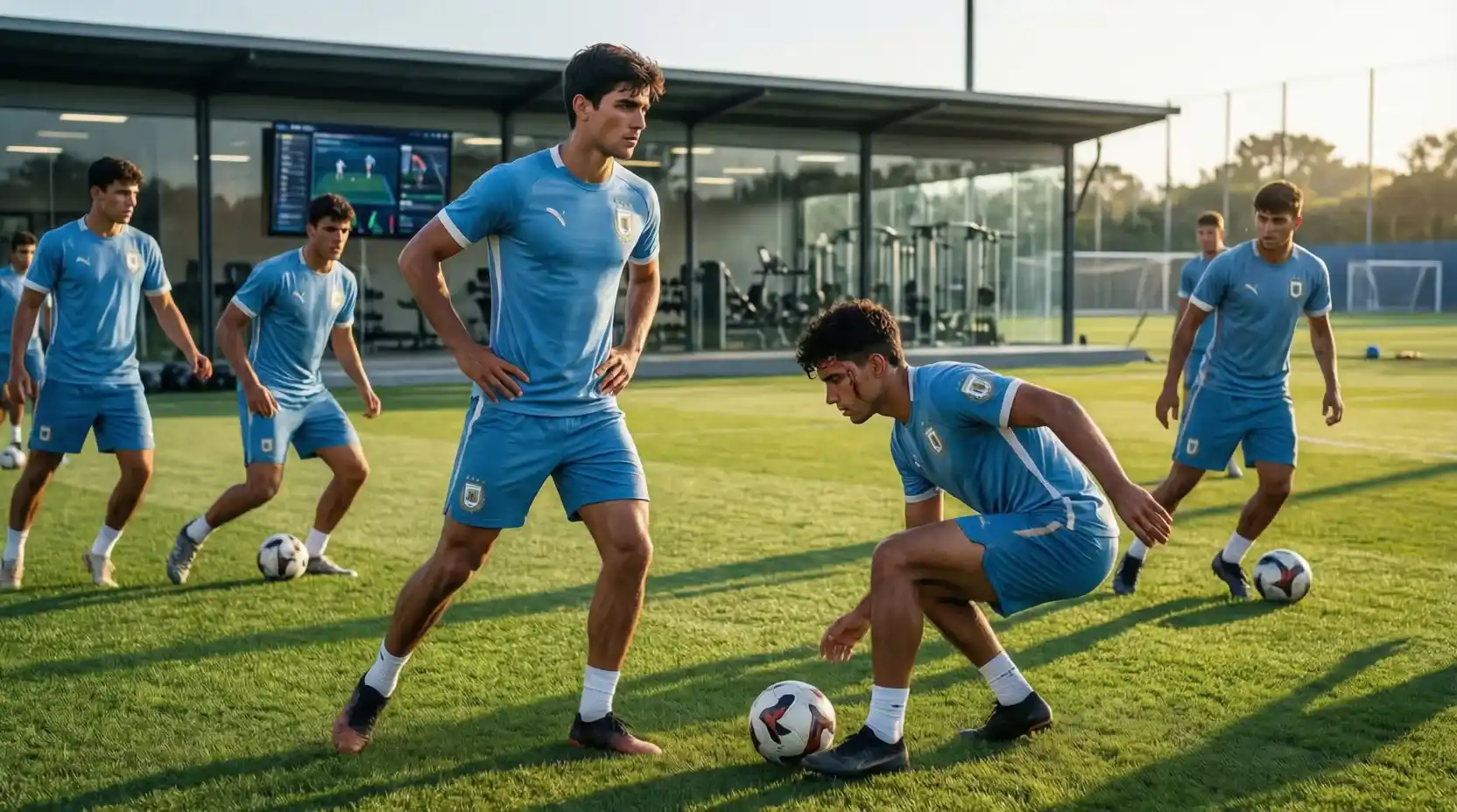 Jugadores jóvenes de la selección uruguaya entrenando con la camiseta celeste
