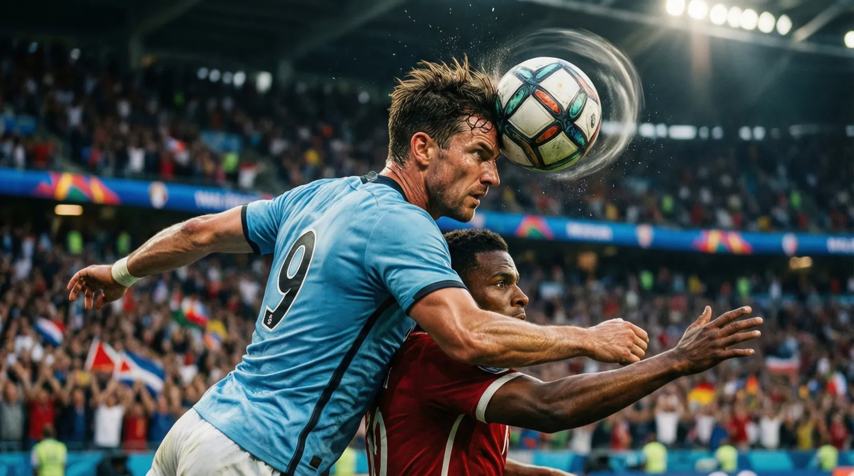 Delantero rematando de cabeza en un partido de fútbol internacional