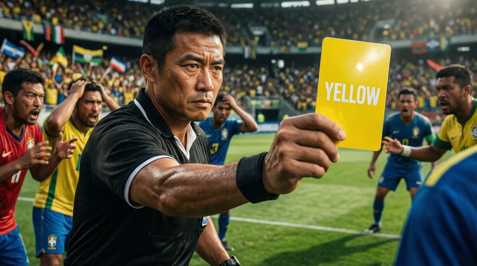 Árbitro mostrando tarjeta amarilla durante un partido intenso de fútbol sudamericano