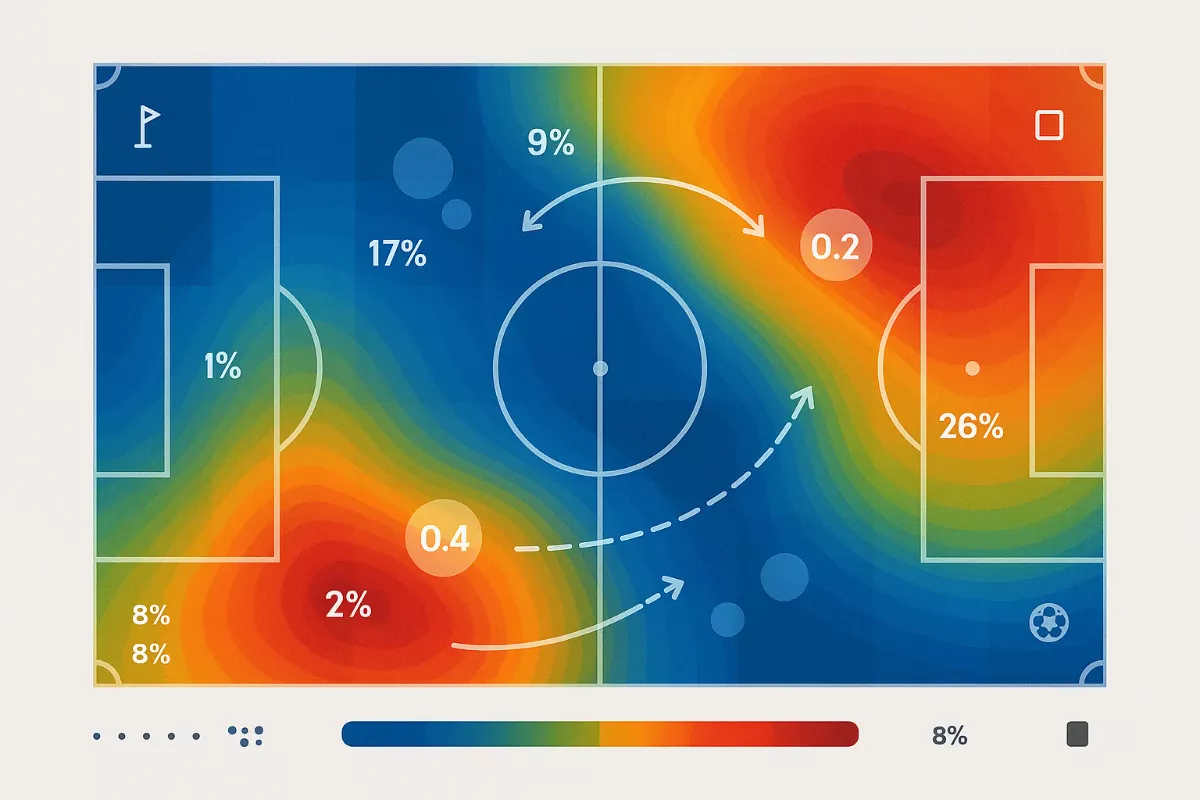 Campo de fútbol con visualización de xG, mapas de calor y análisis táctico para interpretar resultados