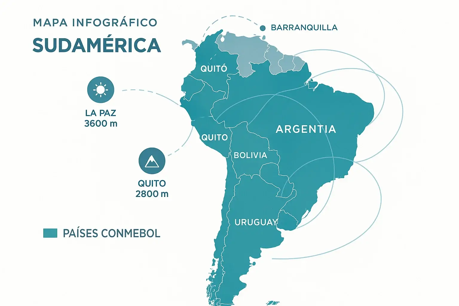 Mapa de Sudamérica mostrando altitudes y condiciones climáticas de las eliminatorias CONMEBOL
