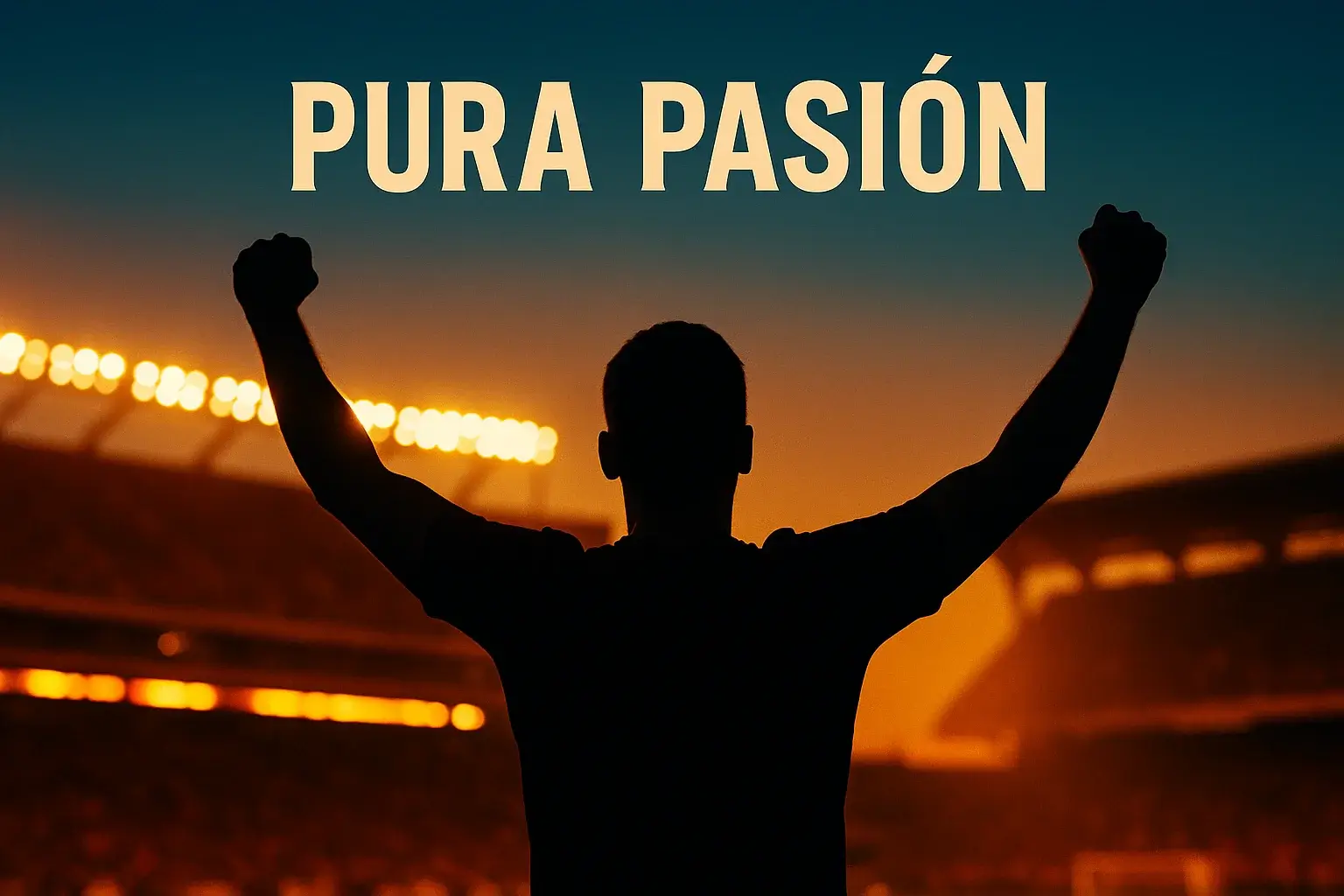 Silueta de hincha celebrando victoria en el estadio al atardecer