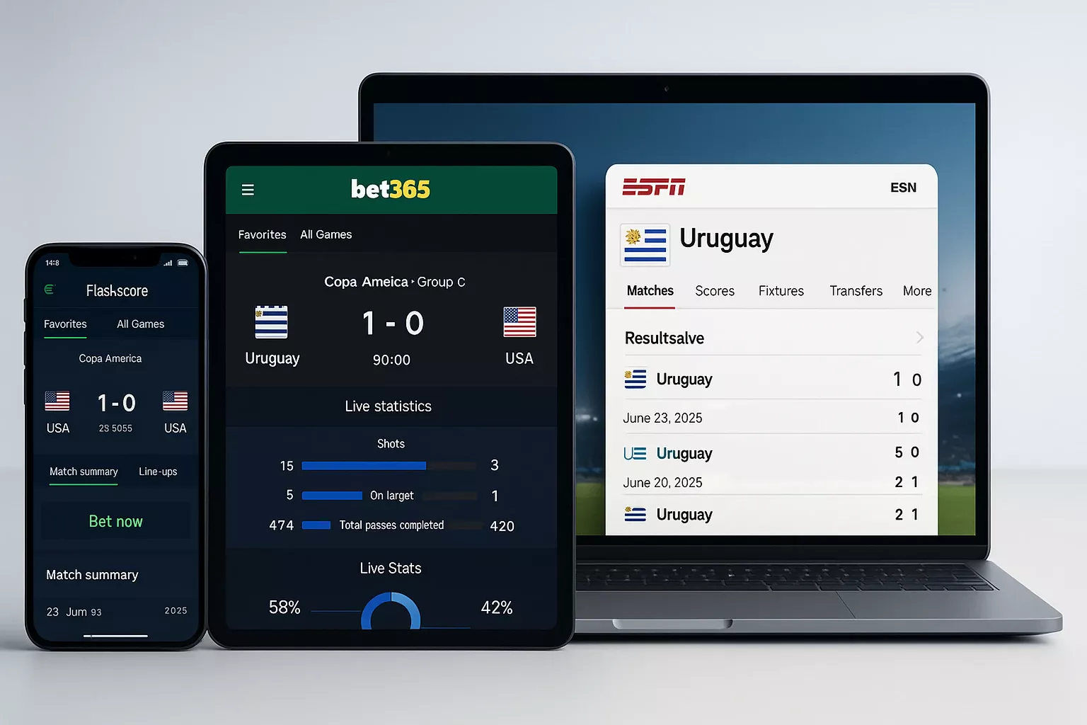 Múltiples dispositivos mostrando plataformas de resultados: Flashscore, Bet365 y ESPN