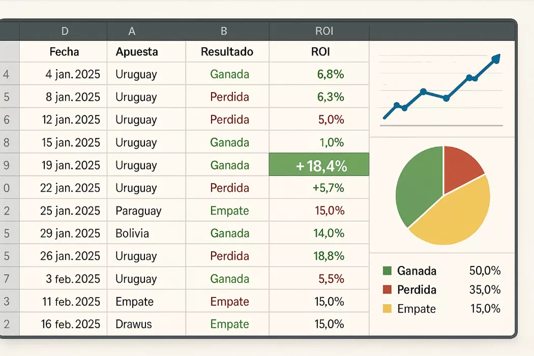 Hoja de cálculo Excel mostrando +18.4% ROI en apuestas deportivas con gráficos de rendimiento