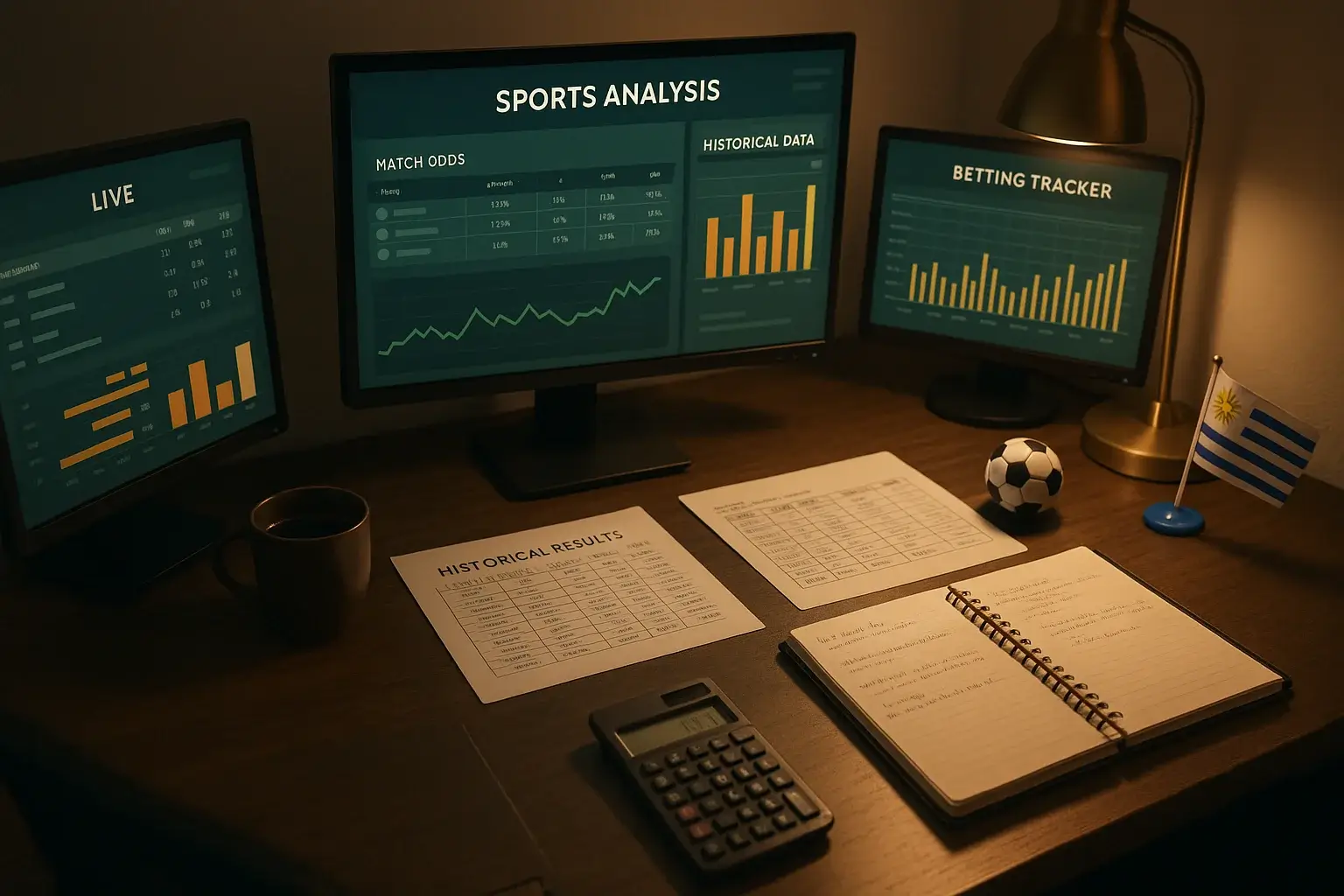Espacio de trabajo profesional de analista de apuestas deportivas con múltiples monitores mostrando dashboards, hojas de cálculo y gráficos estadísticos junto a memorabilia del fútbol uruguayo