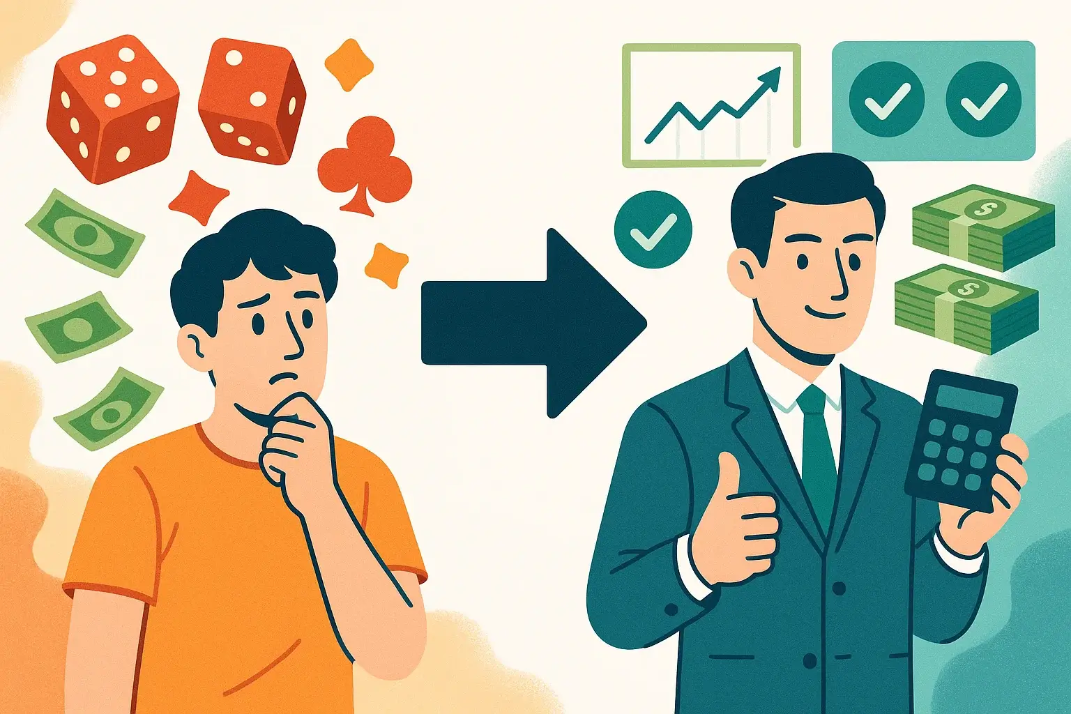 Transformación de jugador casual a apostador profesional con evolución visual de caos a orden